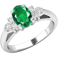 3.10 Carats Prong Set Green Emerald And Diamond Gemstone Ring White Gold 14K