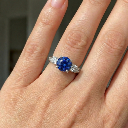 3.40 Carats Round Sri Lanka Sapphire Natural Earth Mined Diamonds Wedding Ring
