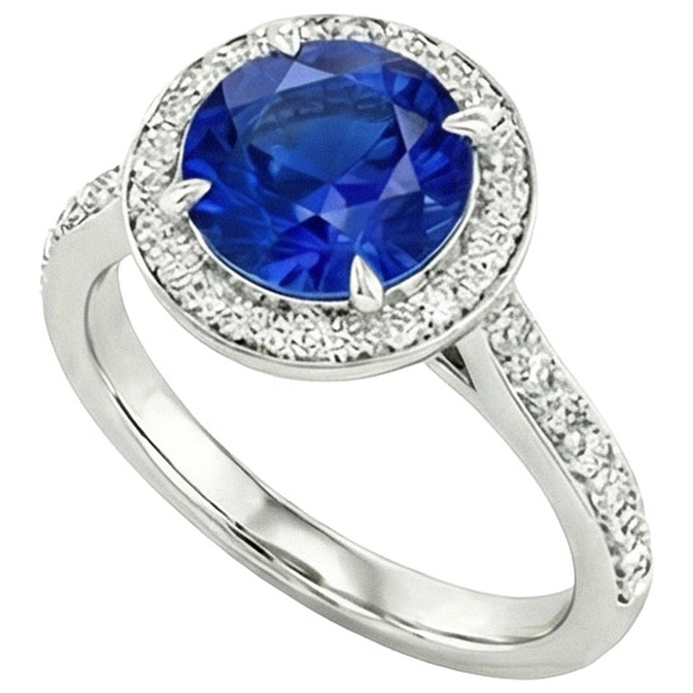 3.50 Carats Ceylon Sapphire And Natural Earth Mined Diamonds Ring White Gold 14K