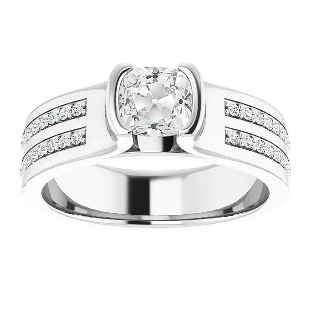 3.50 Carats Round & Cushion Old Cut Diamond Ring Half Bezel Set