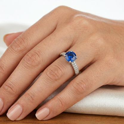 3.50 Ct. Prong Set Round Cut Ceylon Sapphire Natural Earth Mined Diamonds Ring WG 14K