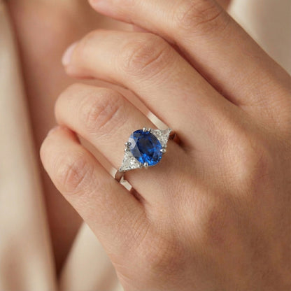 3.50 Ct Oval And Trillion Ceylon Sapphire Natural Earth Mined Diamonds Ring White Gold