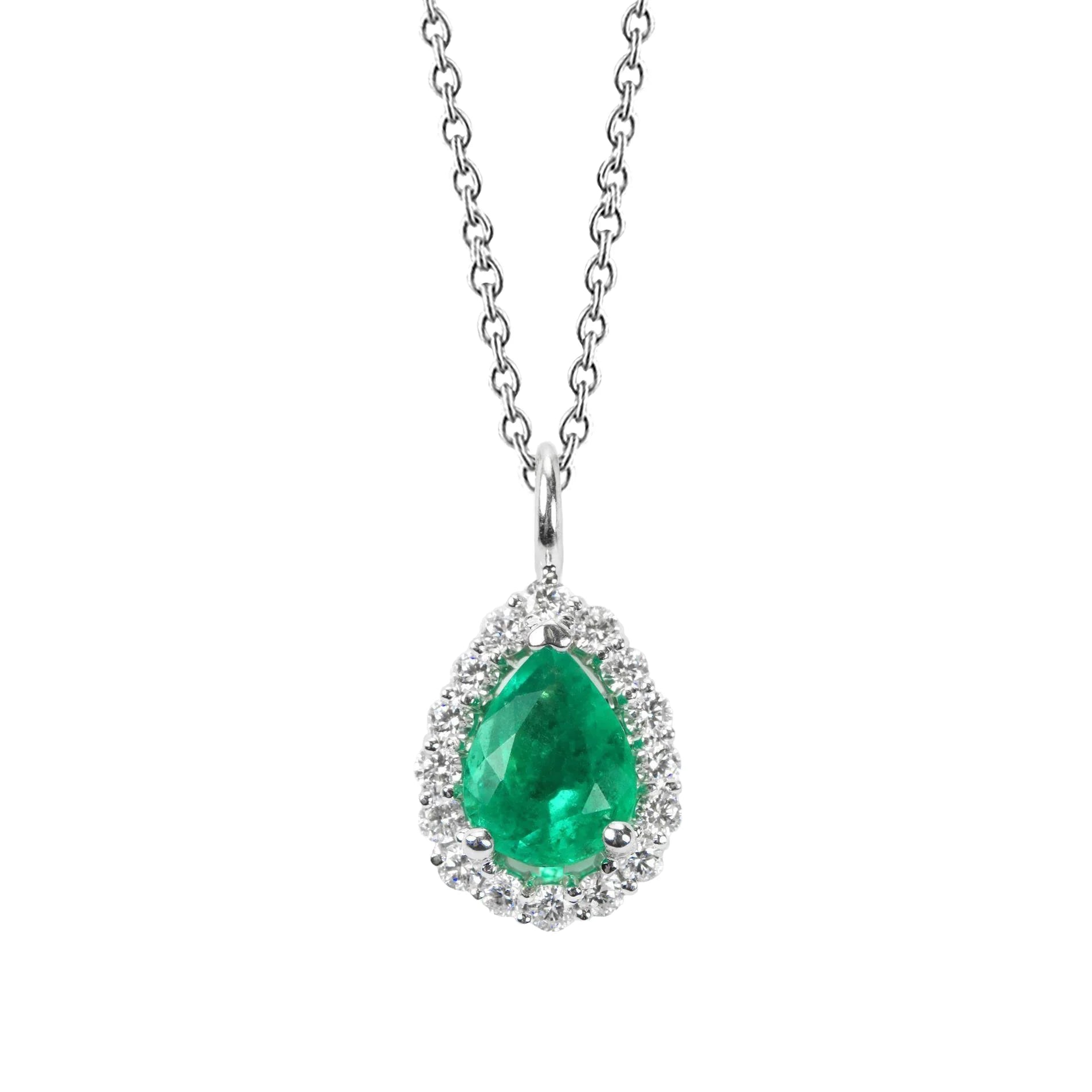 3.50 Carats Colombian Green Emerald With Natural Earth Mined Diamond Gemstone Pendant White Gold 14K