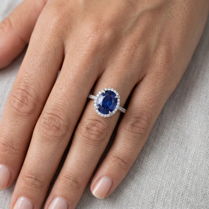 3.75 Carats Oval Ceylon Sapphire With Round Natural Earth Mined Diamonds Engagement Ring