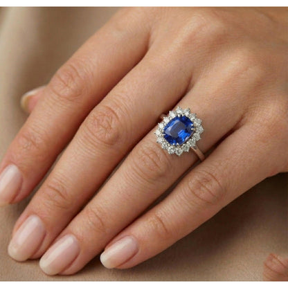 3.75 Ct Ring Sri Lanka Sapphire Cushion And Round Natural Earth Mined Diamonds