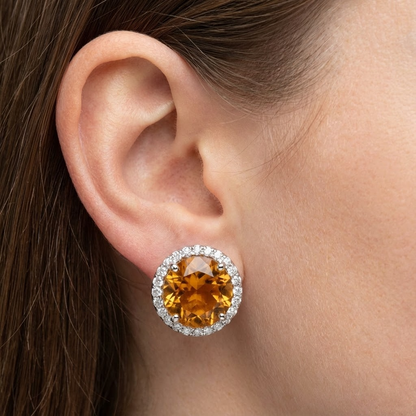 31.48 Ct Gold Women Studs Earrings Round Madeira Citrine With Natural Earth Mined Diamonds