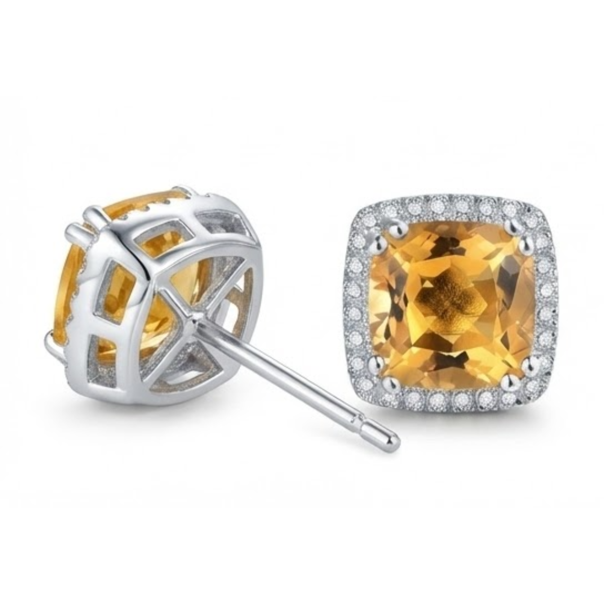 34.80 Ct Cushion Madeira Citrine & Natural Earth Mined Diamonds Stud Earrings Gold 14K