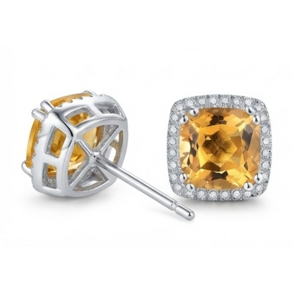 34.80 Ct Cushion Madeira Citrine & Natural Earth Mined Diamonds Stud Earrings Gold 14K