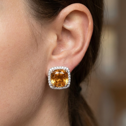 34.80 Ct Cushion Madeira Citrine & Natural Earth Mined Diamonds Stud Earrings Gold 14K