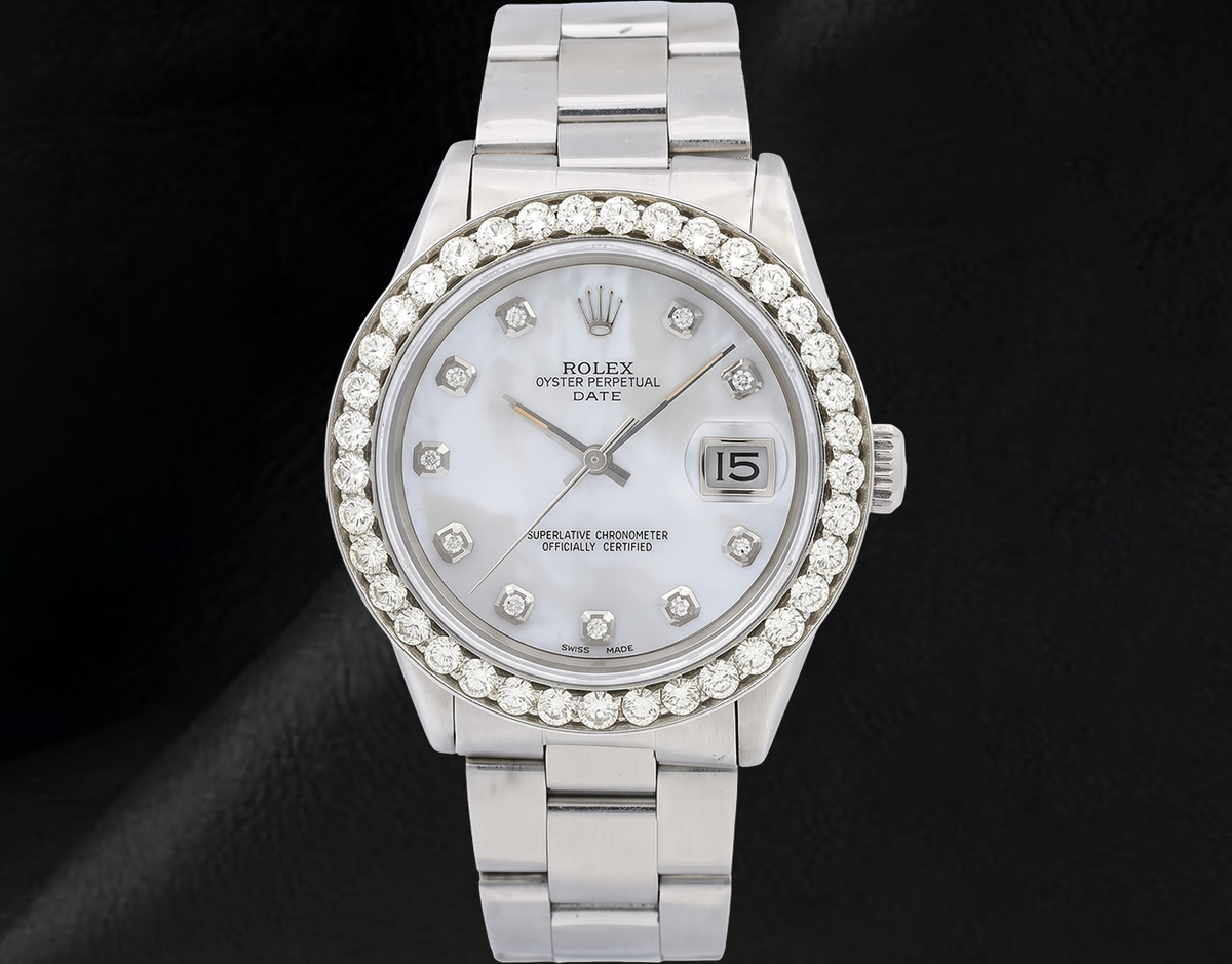 Rolex 34mm Oyster Bracelet 1500 White Mother Of Pearl Diamond Dial Watch