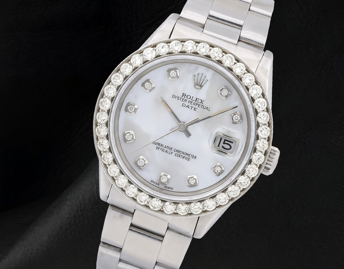 Rolex 34mm Oyster Bracelet 1500 White Mother Of Pearl Diamond Dial Watch