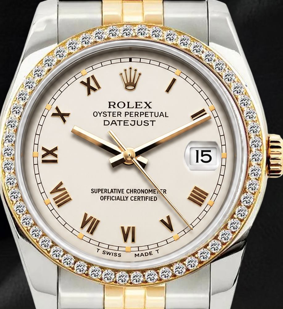 Rolex 36mm Datejust 16233 Ivory Roman Dial Two Tone Watch