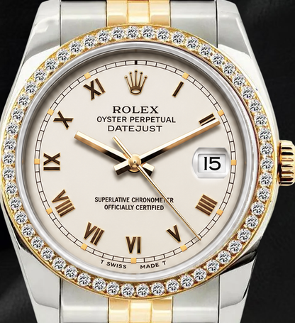 Rolex 36mm Datejust 16233 Ivory Roman Dial Two Tone Watch