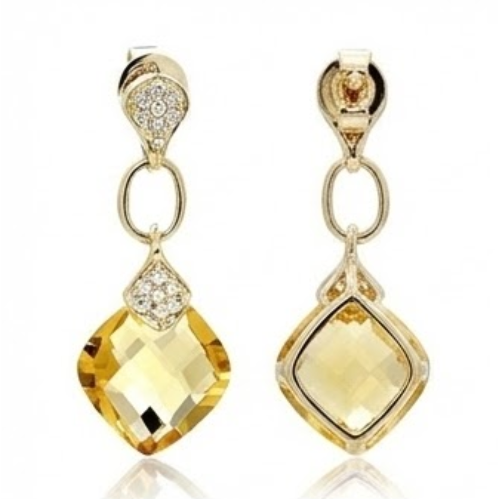 37.70 Ct Cushion Madeira Citrine & Natural Earth Mined Diamond Dangle Earrings Yellow Gold