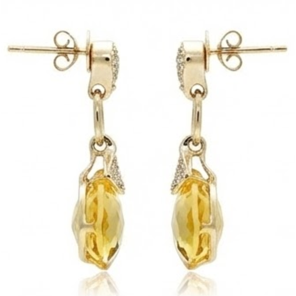 37.70 Ct Cushion Madeira Citrine & Natural Earth Mined Diamond Dangle Earrings Yellow Gold