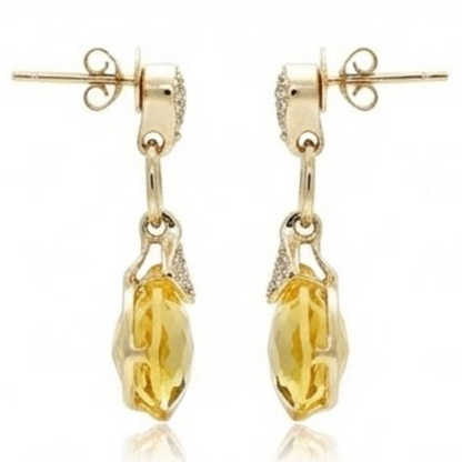 37.70 Ct Cushion Madeira Citrine & Natural Earth Mined Diamond Dangle Earrings Yellow Gold
