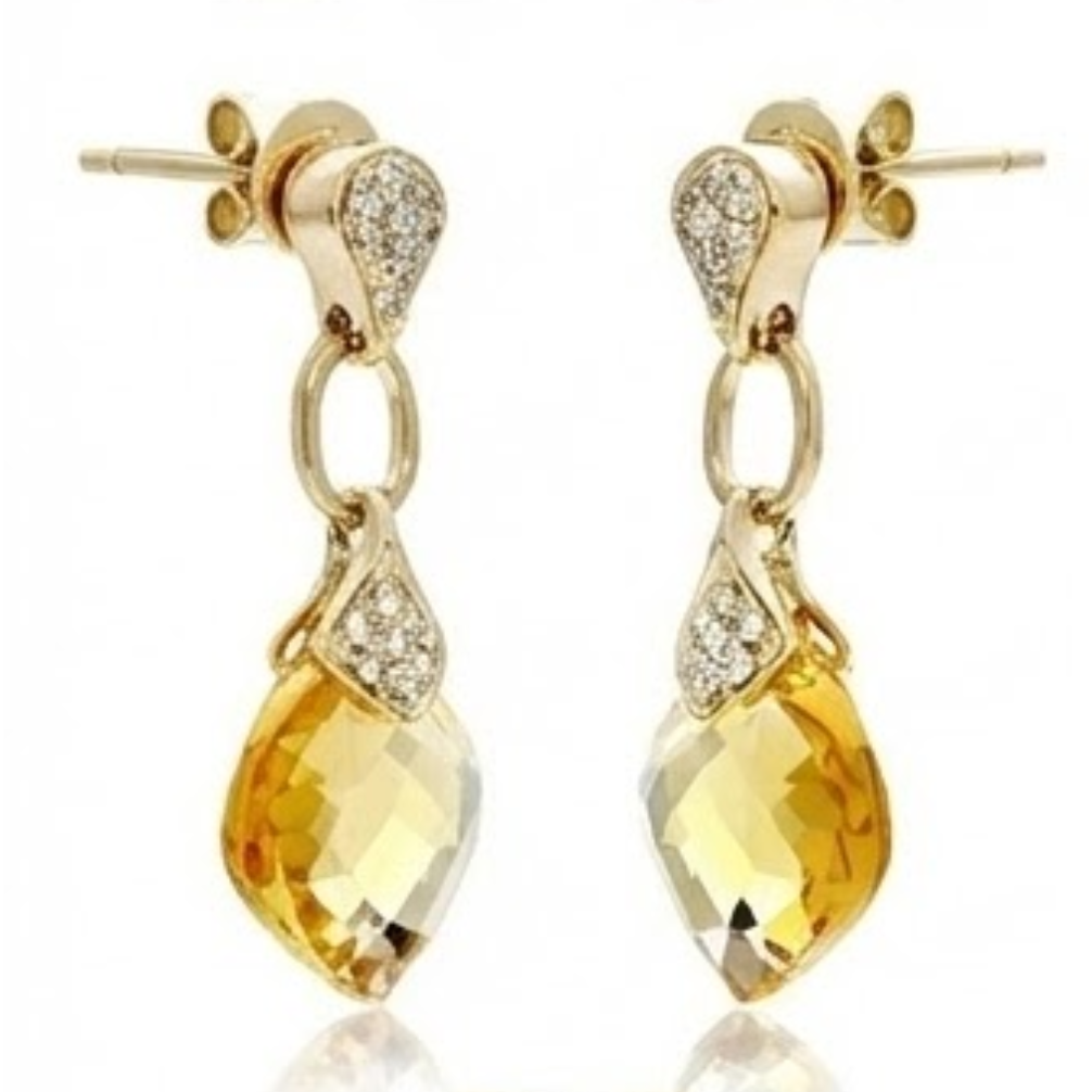 37.70 Ct Cushion Madeira Citrine & Natural Earth Mined Diamond Dangle Earrings Yellow Gold