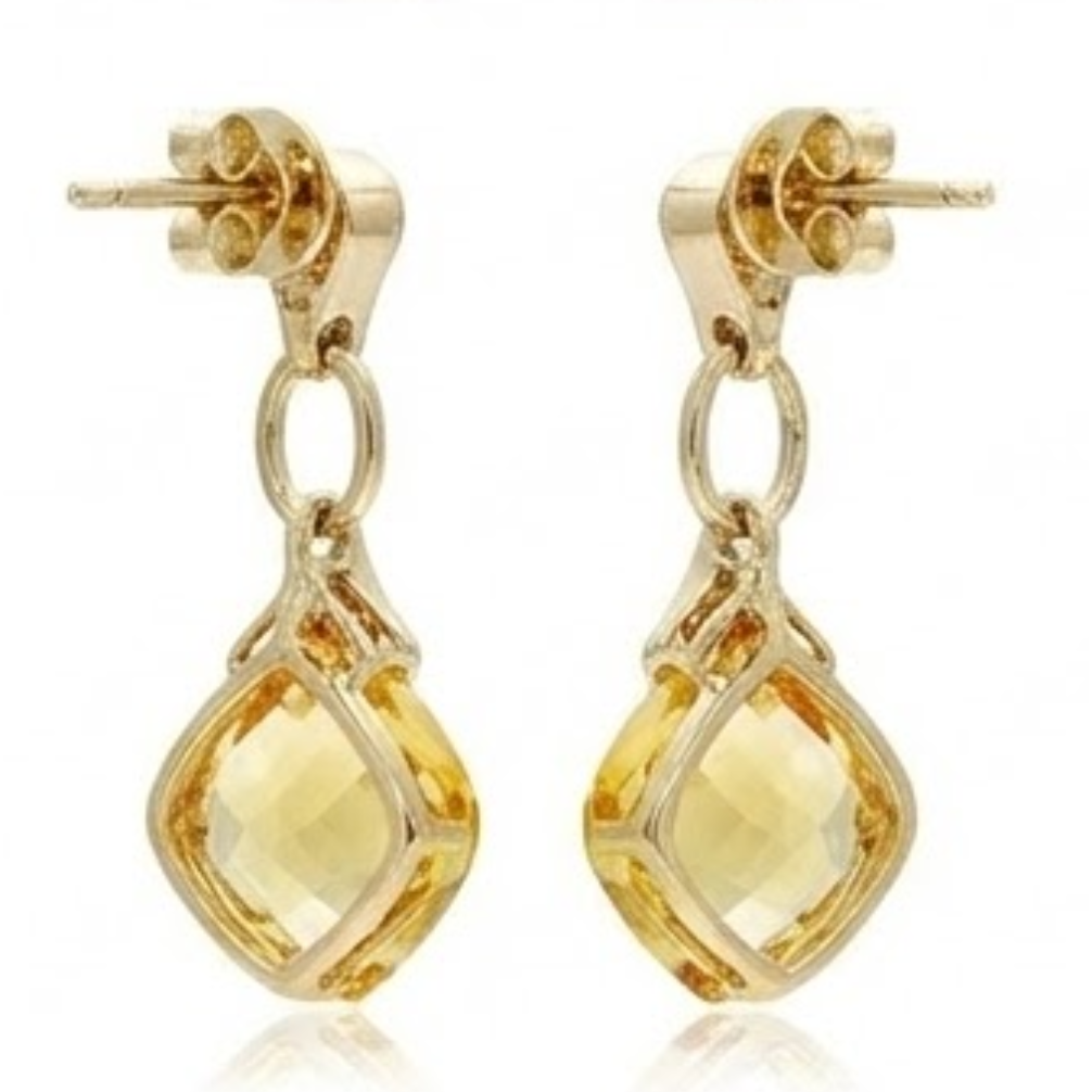 37.70 Ct Cushion Madeira Citrine & Natural Earth Mined Diamond Dangle Earrings Yellow Gold