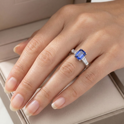 3 Stone Baguette Natural Earth Mined Diamonds Blue Sapphire Ring Emerald Cut 1.75 Carats