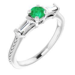 3 Stone Diamond & Green Emerald Ring Antique Style 2 Carats Double Claw Set Jewelry