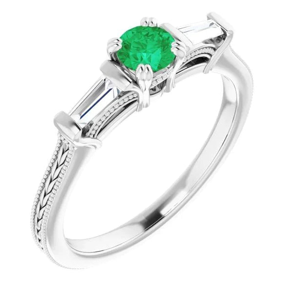 3 Stone Diamond &Green Emerald Ring Antique Style 2 Carats Double Claw Set Jewelry