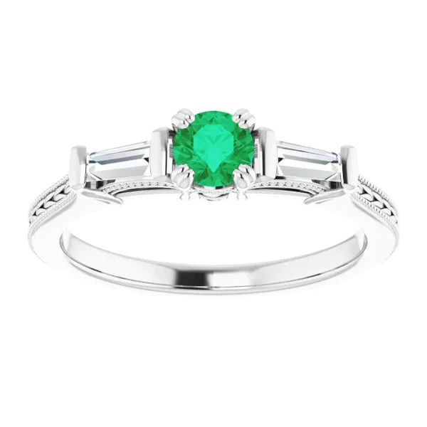 3 Stone Diamond &Green Emerald Ring Antique Style 2 Carats Double Claw Set Jewelry