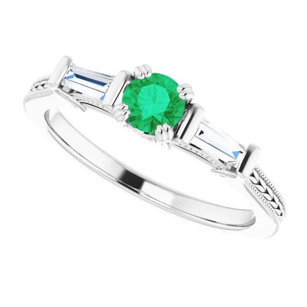 3 Stone Diamond &Green Emerald Ring Antique Style 2 Carats Double Claw Set Jewelry