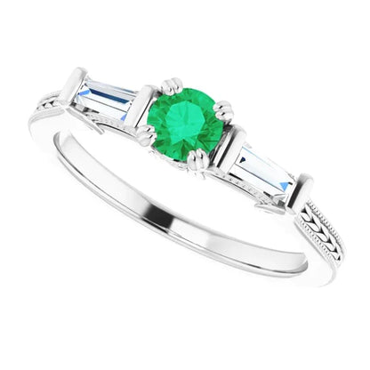 3 Stone Diamond &Green Emerald Ring Antique Style 2 Carats Double Claw Set Jewelry
