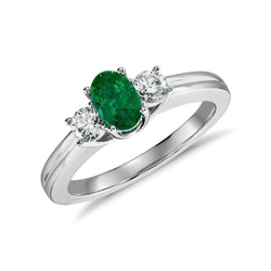 3 Stone Green Emerald And Diamonds 3.50 Carats Wedding Ring White Gold 14K