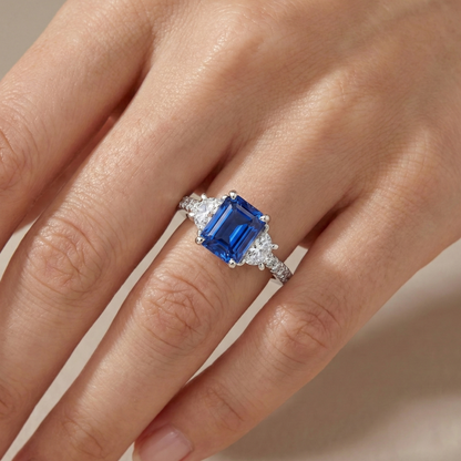 3 Stone Half Moon Natural Earth Mined Diamond Blue Sapphire Ring With Accents 3 Carats