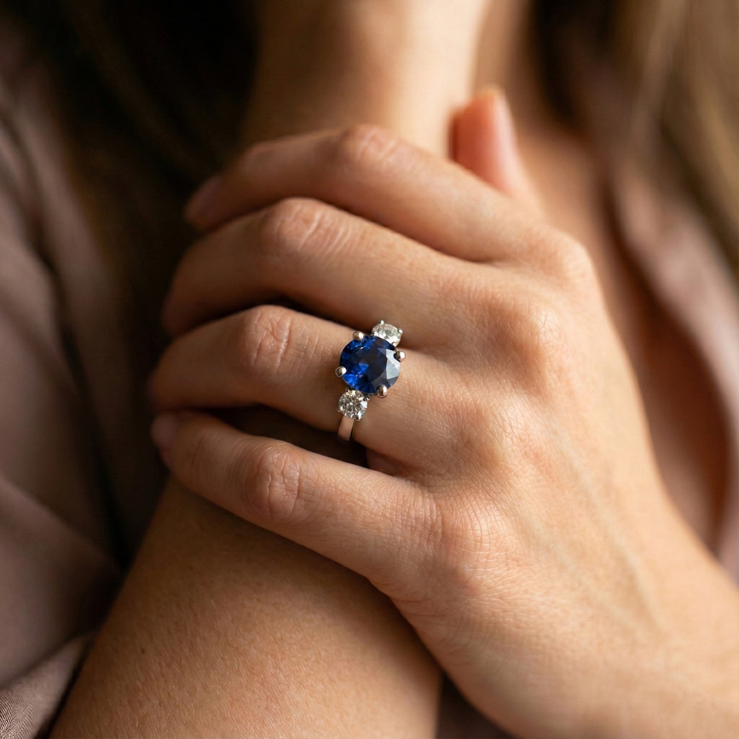 3 Stone Oval Sapphire With Round Natural Earth Mined Diamonds Ring 4 Ct White Gold 14K