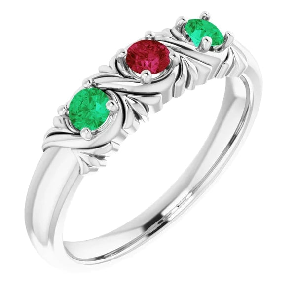 3 Stone Ring 0.60 Carats Antique Style Ruby & Emerald