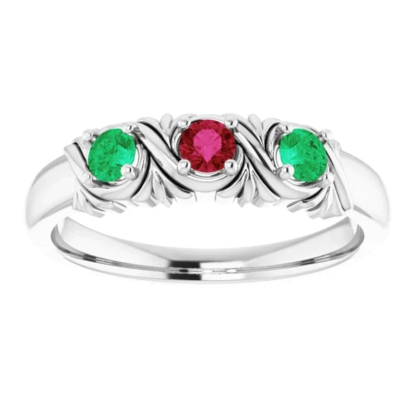 3 Stone Ring 0.60 Carats Antique Style Ruby & Emerald
