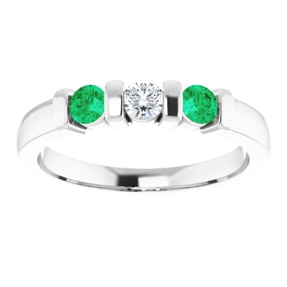 3 Stone Ring Round Diamond Emerald 0.90 Carats Bar Setting