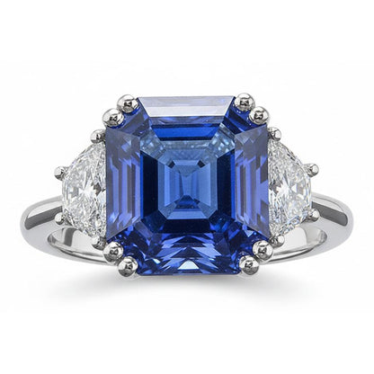 3 Stone Ring Trapezoid Natural Earth Mined Diamonds With Asscher Blue Sapphire 5 Carats