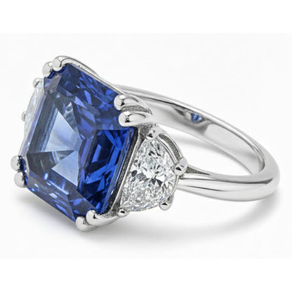 3 Stone Ring Trapezoid Natural Earth Mined Diamonds With Asscher Blue Sapphire 5 Carats