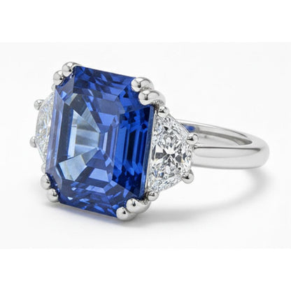 3 Stone Ring Trapezoid Natural Earth Mined Diamonds With Asscher Blue Sapphire 5 Carats