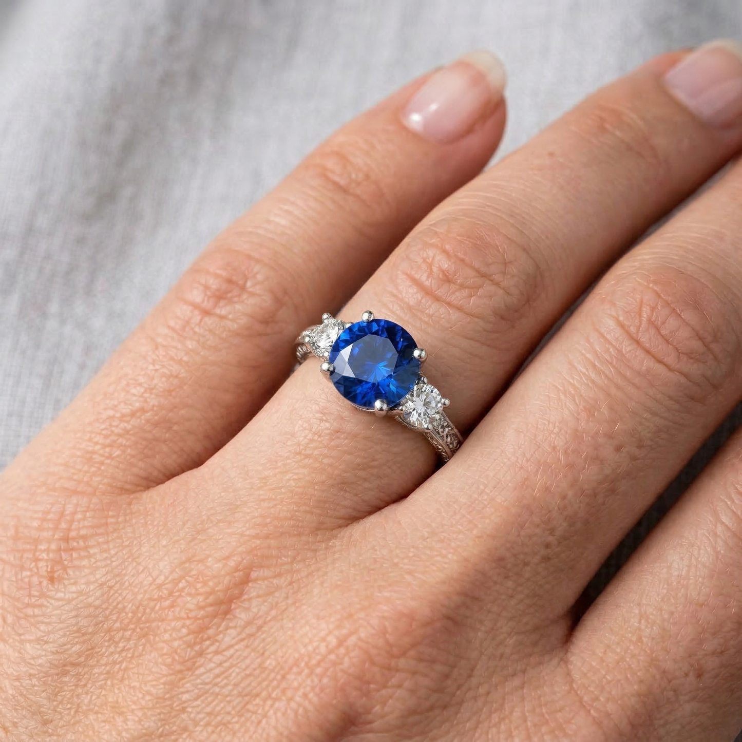 3 Stone Style 2.60 Ct Sri Lankan Sapphire And Natural Earth Mined Diamonds Ring WG 14K