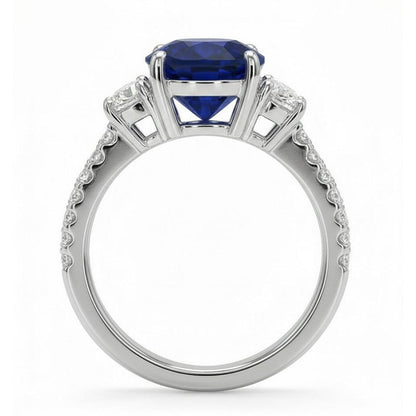 3 Stone Style Oval Ceylon Sapphire & Half Moon Natural Earth Mined Diamonds Ring 11 Carats