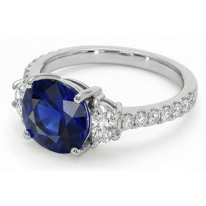 3 Stone Style Oval Ceylon Sapphire & Half Moon Natural Earth Mined Diamonds Ring 11 Carats