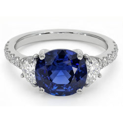 3 Stone Style Oval Ceylon Sapphire & Half Moon Natural Earth Mined Diamonds Ring 11 Carats