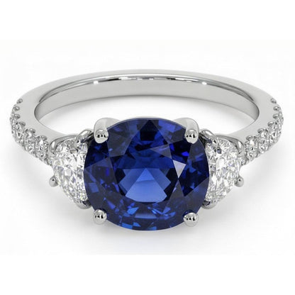 3 Stone Style Oval Ceylon Sapphire & Half Moon Natural Earth Mined Diamonds Ring 11 Carats