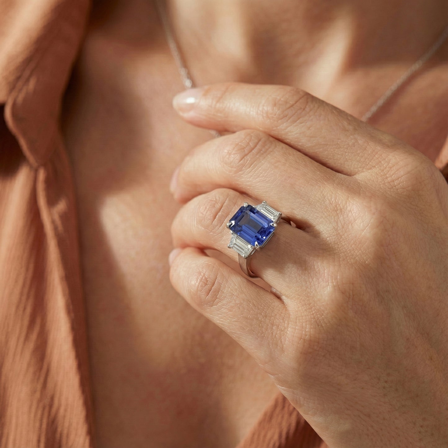 3 Stone Blue Sapphire Ring Emerald & Trapezoid Natural Earth Mined Diamonds 3.50 Carats
