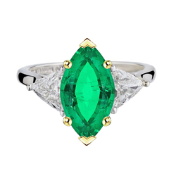 3 Stone Ring Marquise Cut Green Emerald With Diamonds
