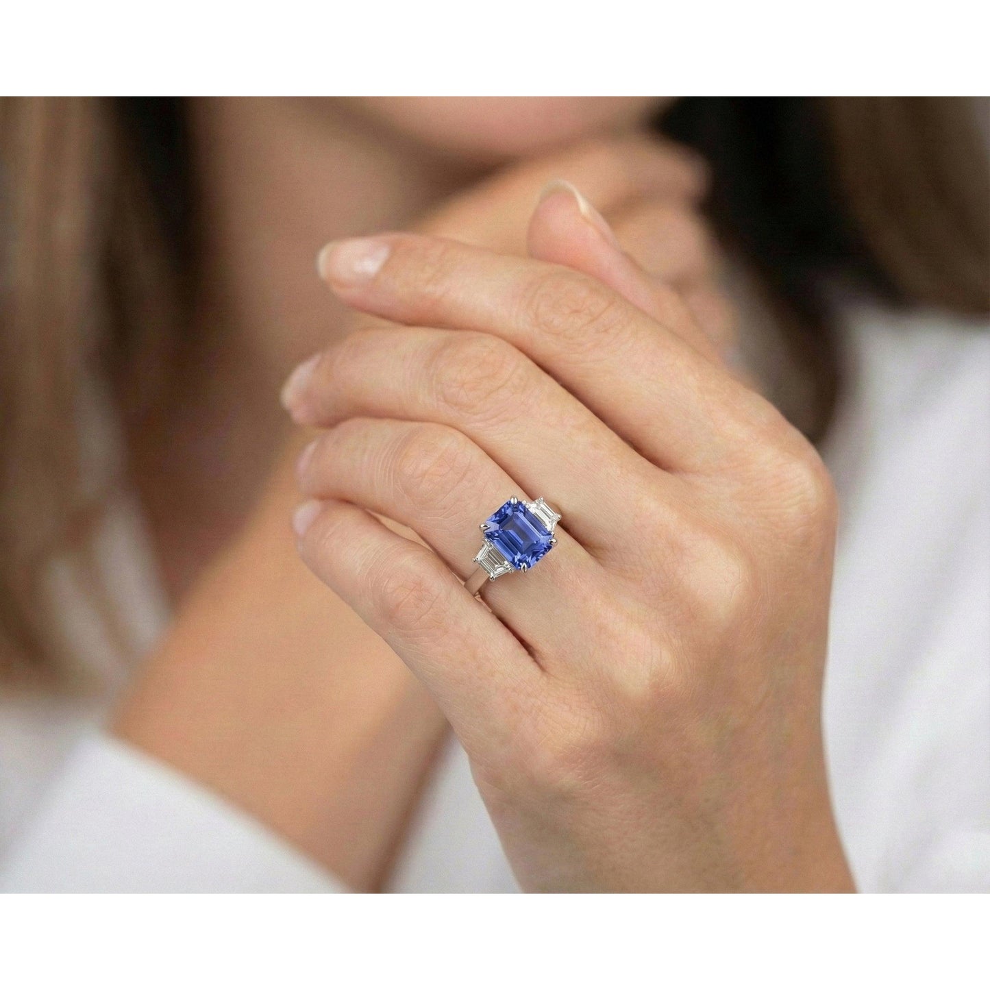 3 Stone Ring Trapezoid Natural Earth Mined Diamond & Ceylon Sapphire 3.50 Carats Prong Set