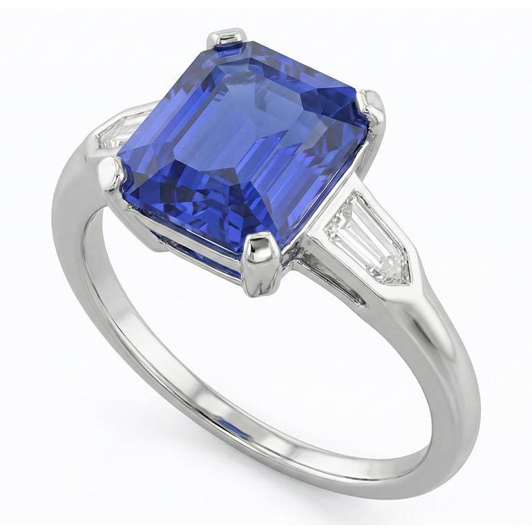 3 Stone Sapphire Ring Emerald Cut Tapered Baguette Natural Earth Mined Diamonds 3 Carats