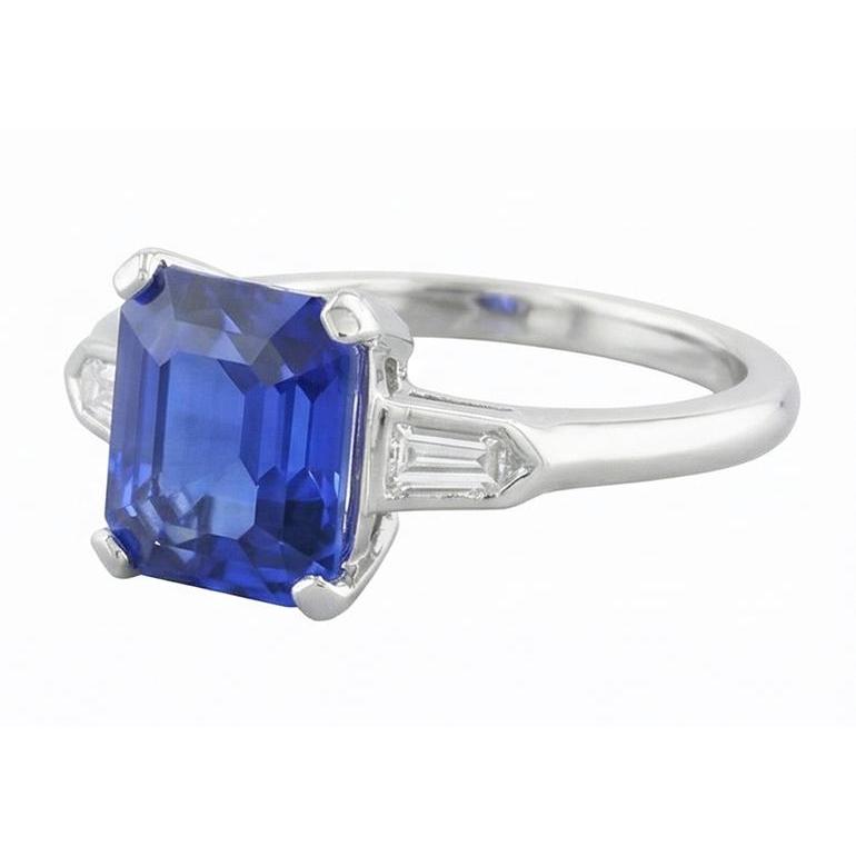 3 Stone Sapphire Ring Emerald Cut Tapered Baguette Natural Earth Mined Diamonds 3 Carats