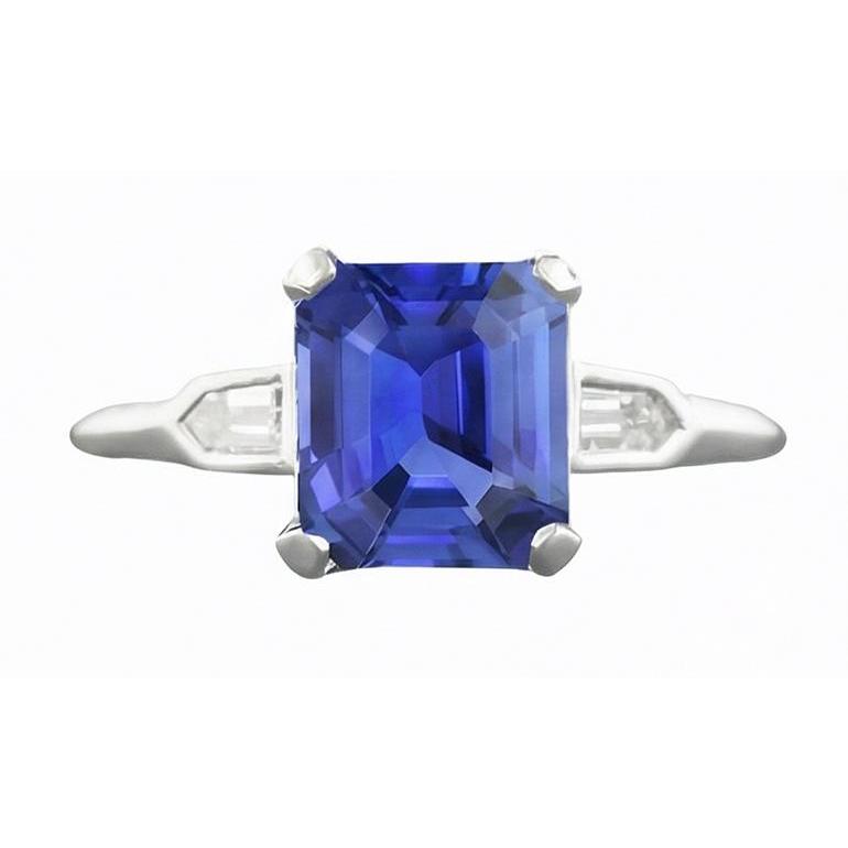 3 Stone Sapphire Ring Emerald Cut Tapered Baguette Natural Earth Mined Diamonds 3 Carats