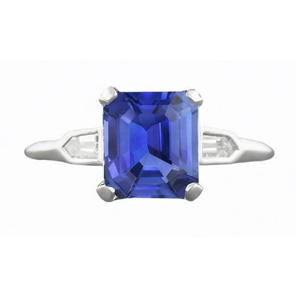 3 Stone Sapphire Ring Emerald Cut Tapered Baguette Natural Earth Mined Diamonds 3 Carats