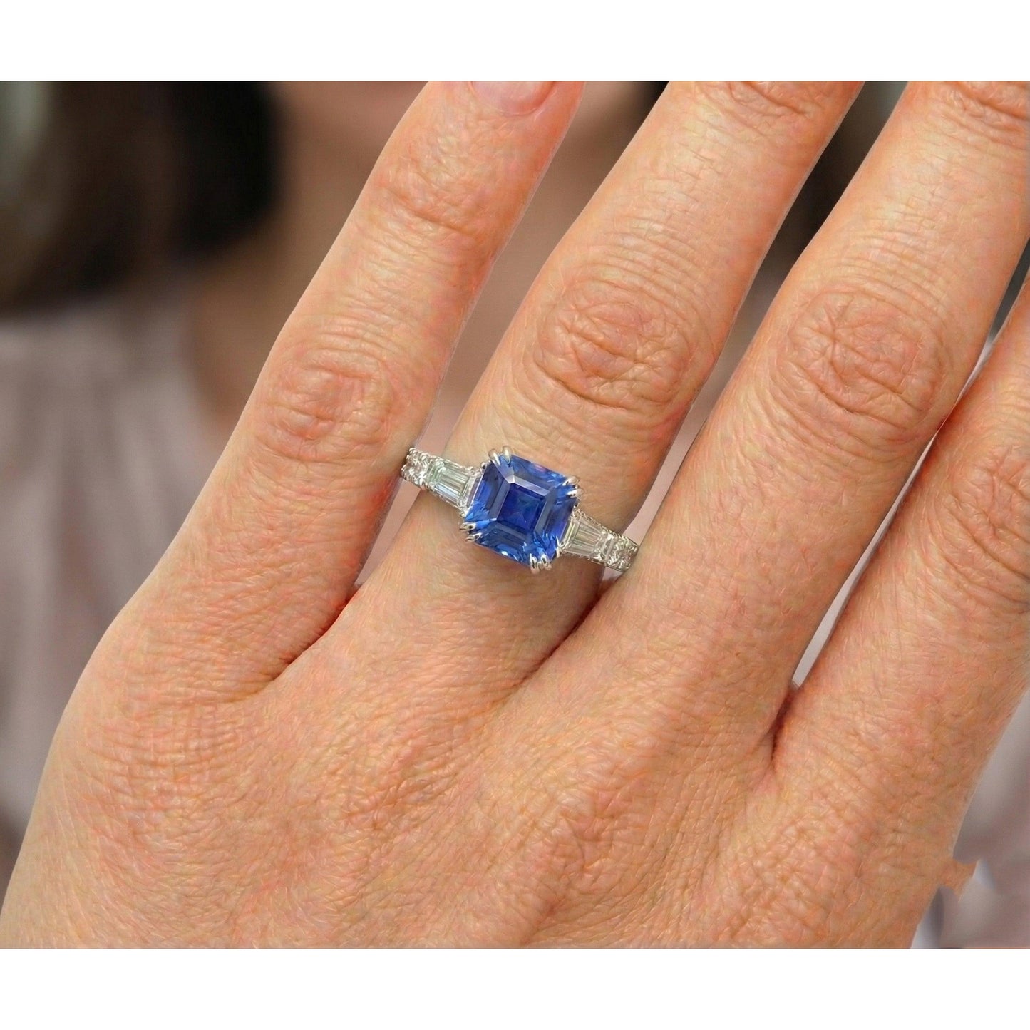 3 Stone Style Asscher Sapphire Ring 3 Carats Baguette & Round Natural Earth Mined Diamonds